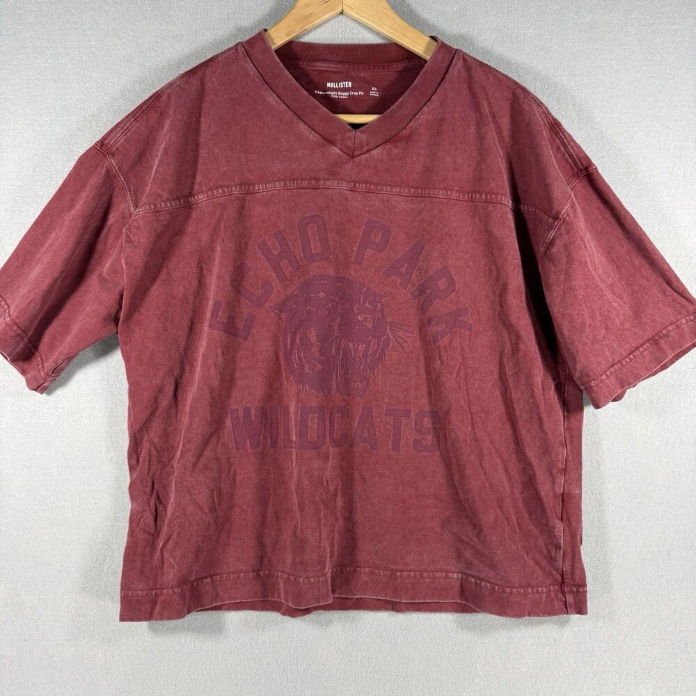 Hollister Echo Park Wildcats Red Washed Graphic Crop T-Shirt XS Heavyweight